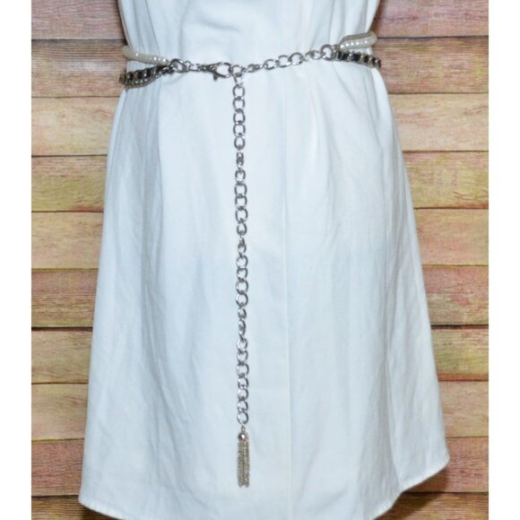 Great Multi Chain & Faux Pearl Silver Tone Adjustable Belt Faux Leather 37-50 in - Picture 8 of 8